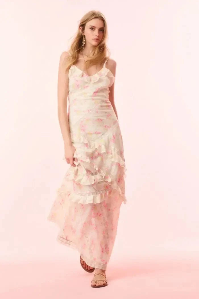 Nocelle Cotton Floral Maxi Dress White Peach / 6 Nocelle Cotton Floral Maxi Dress White Peach / 6