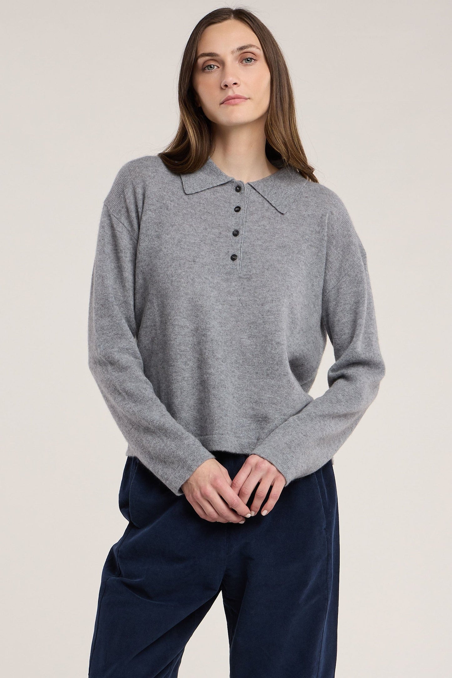 Velvet Knitwear Velvet - Marvela Long Sleeve Polo in Heather Grey