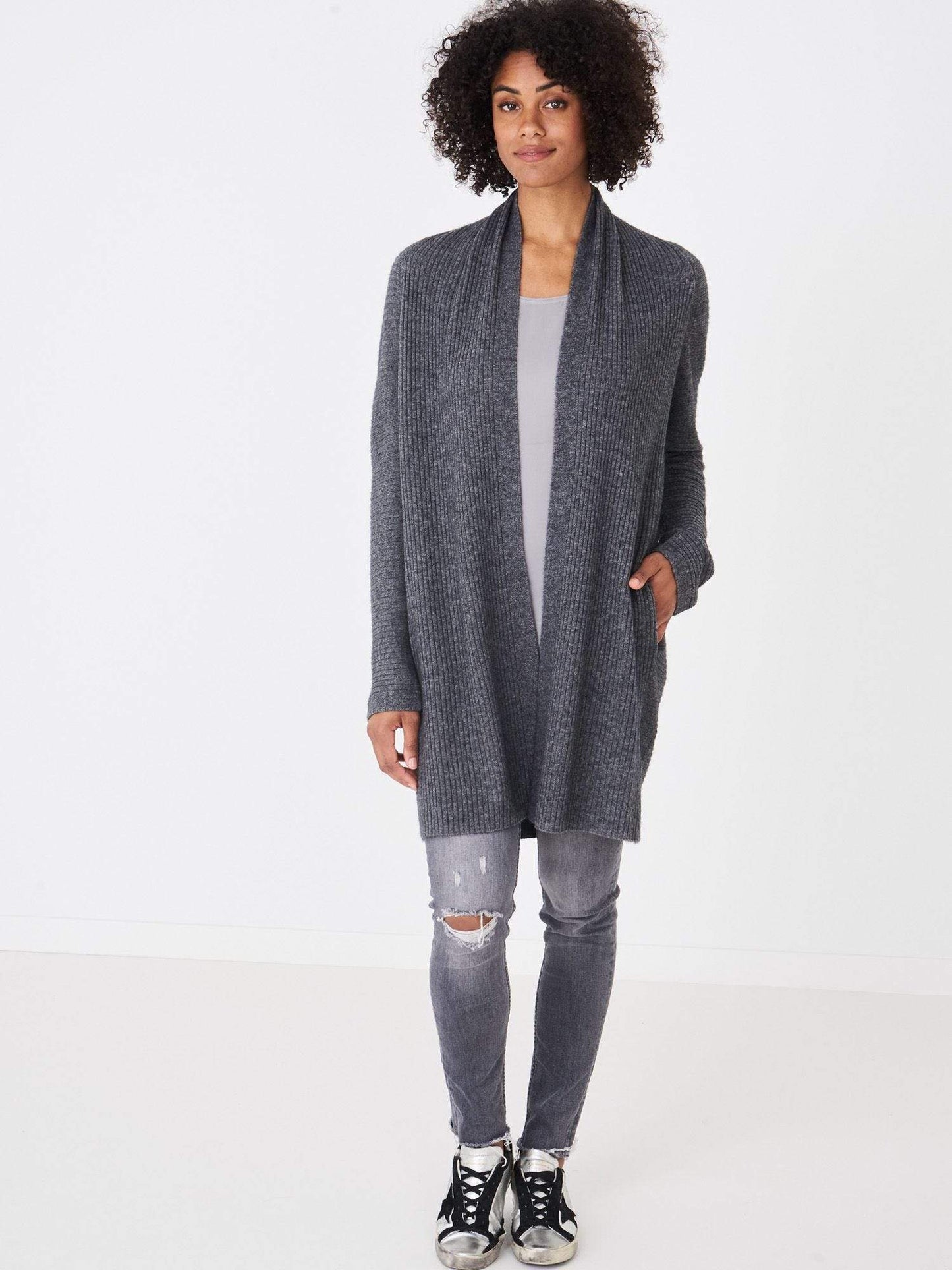 Repeat Cashmere Sweaters Repeat Cashmere Cardigan - Long rib knit in med grey