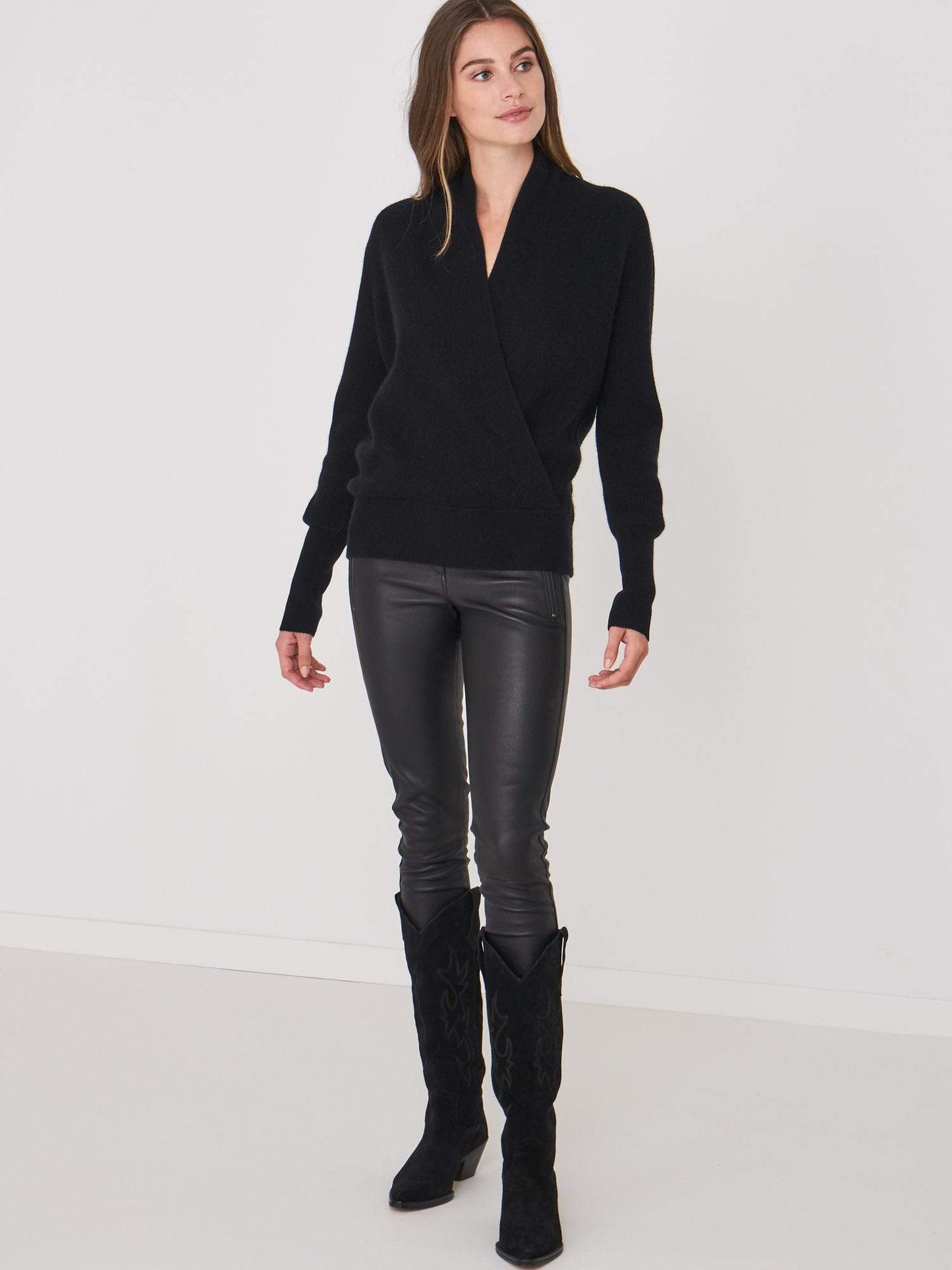 repeat cashmere wrap swetaer in black standing view