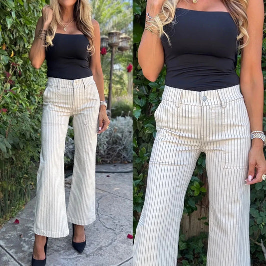 Bevy Flog Pants Bevy Flog - Eden Button Crop Pant in Beige Blue Stripes