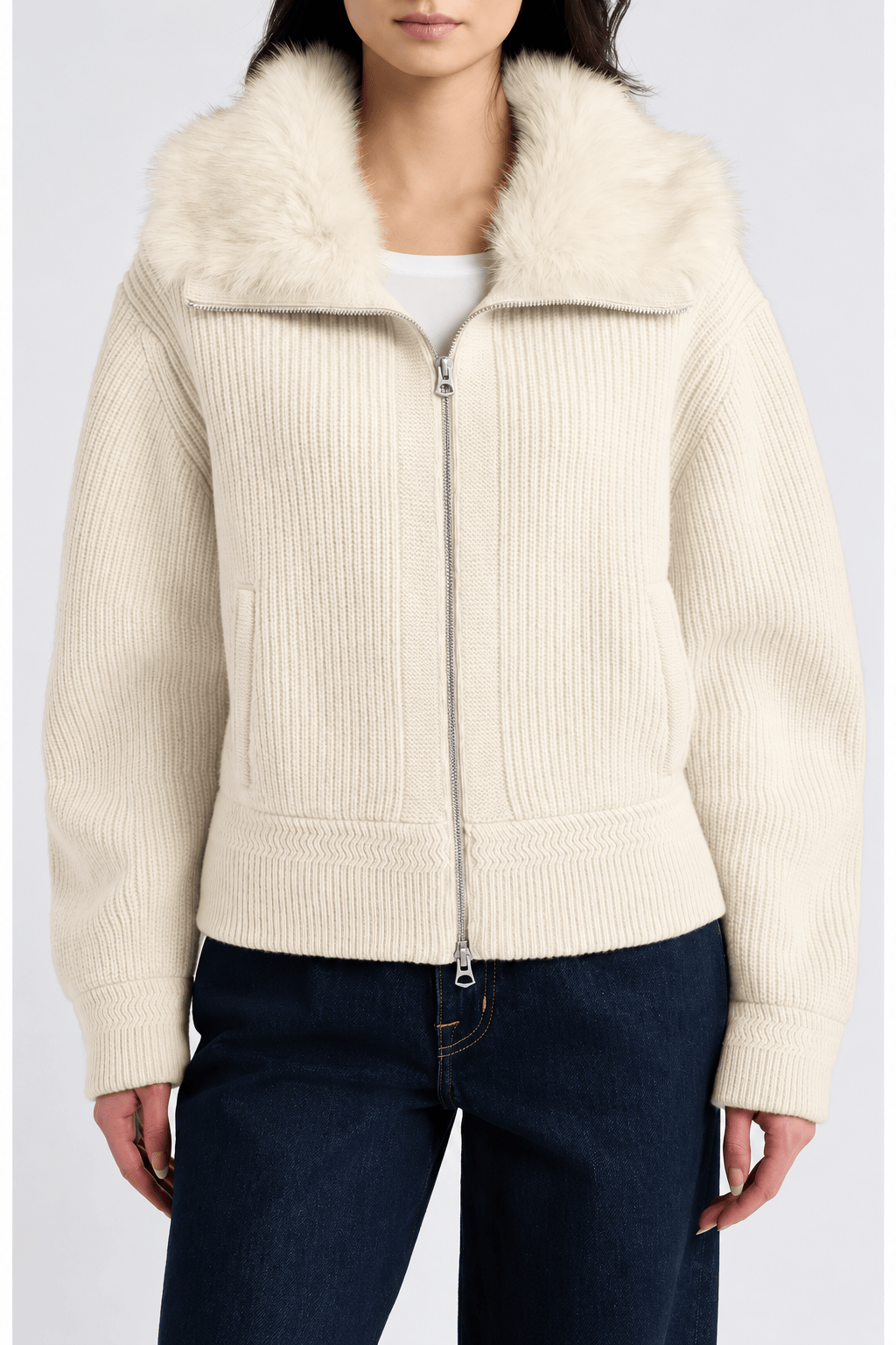 Rag & Bone Sweaters Rag & Bone - Amelia Faux Fur zip up sweater in Ivory
