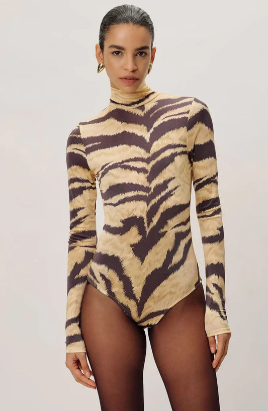 Ronny Kobo Tops Ronny Kobo - Luca Bodysuit in Black & Tan tiger print