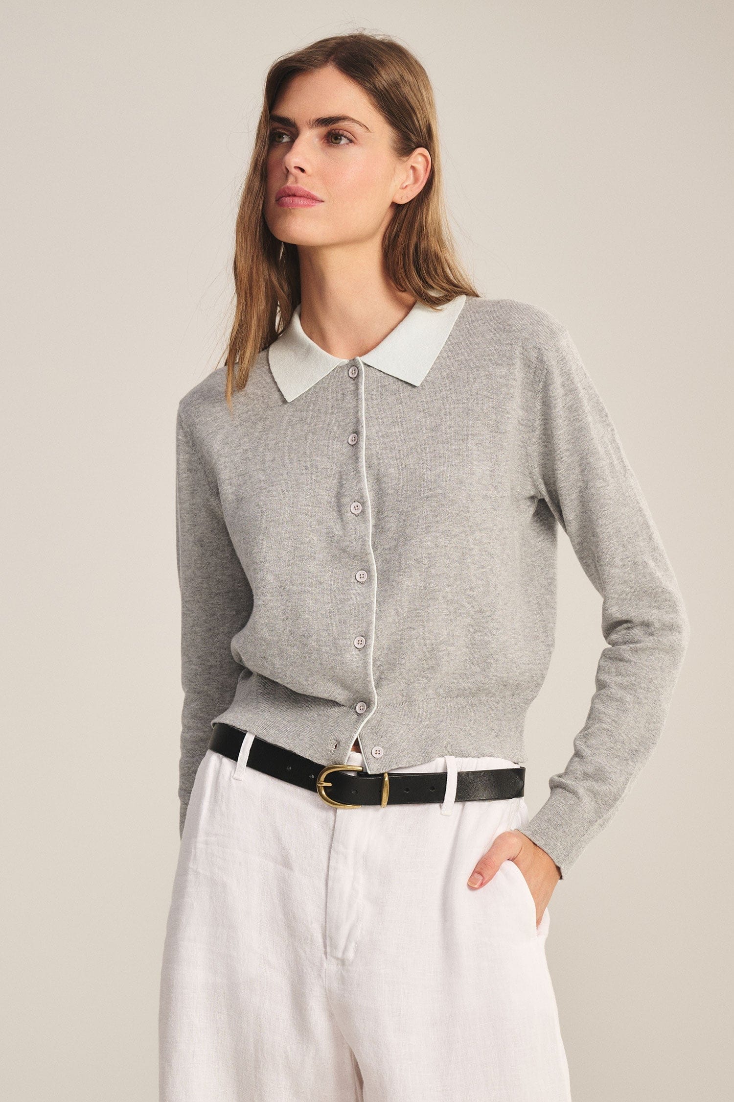 Velvet Tops Velvet - Riven L/S Collar top in heather grey
