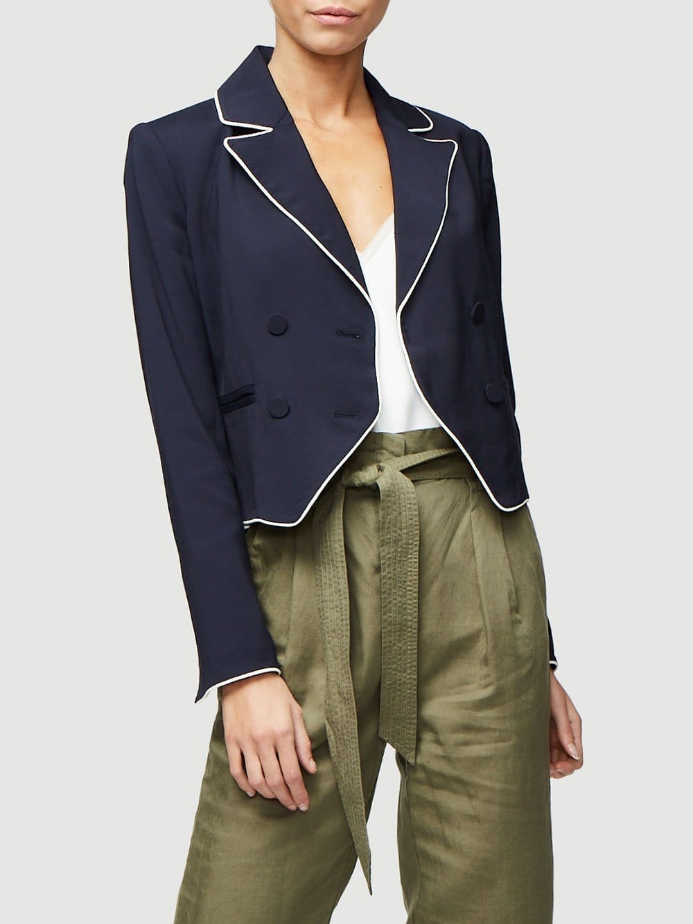 Frame Piped Cropped Blazer in Navy