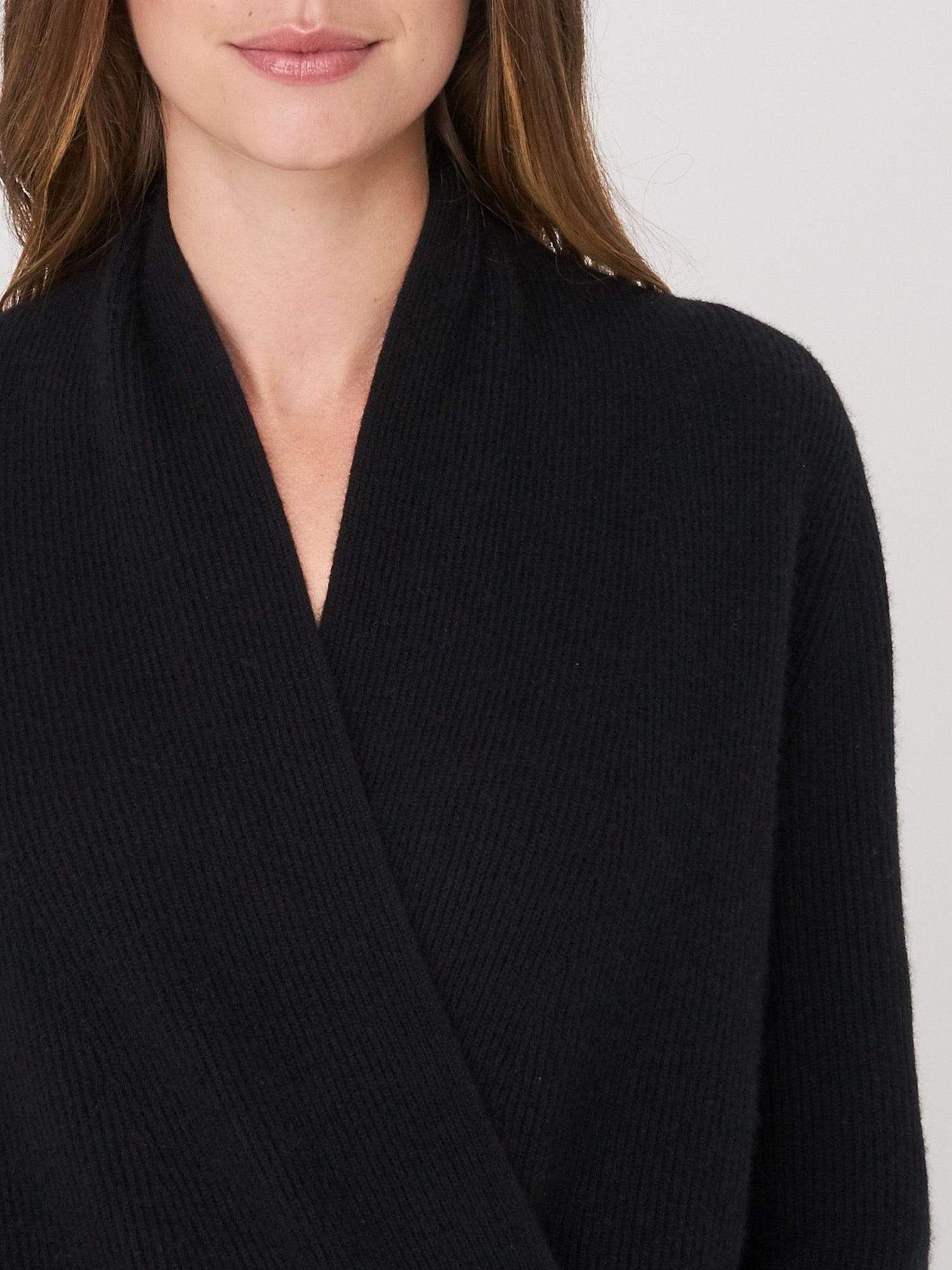 repeat cashmere wrap swetaer in black upclose  view