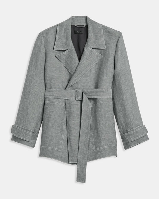 Theory Linen Twill Short Trench in Black/White