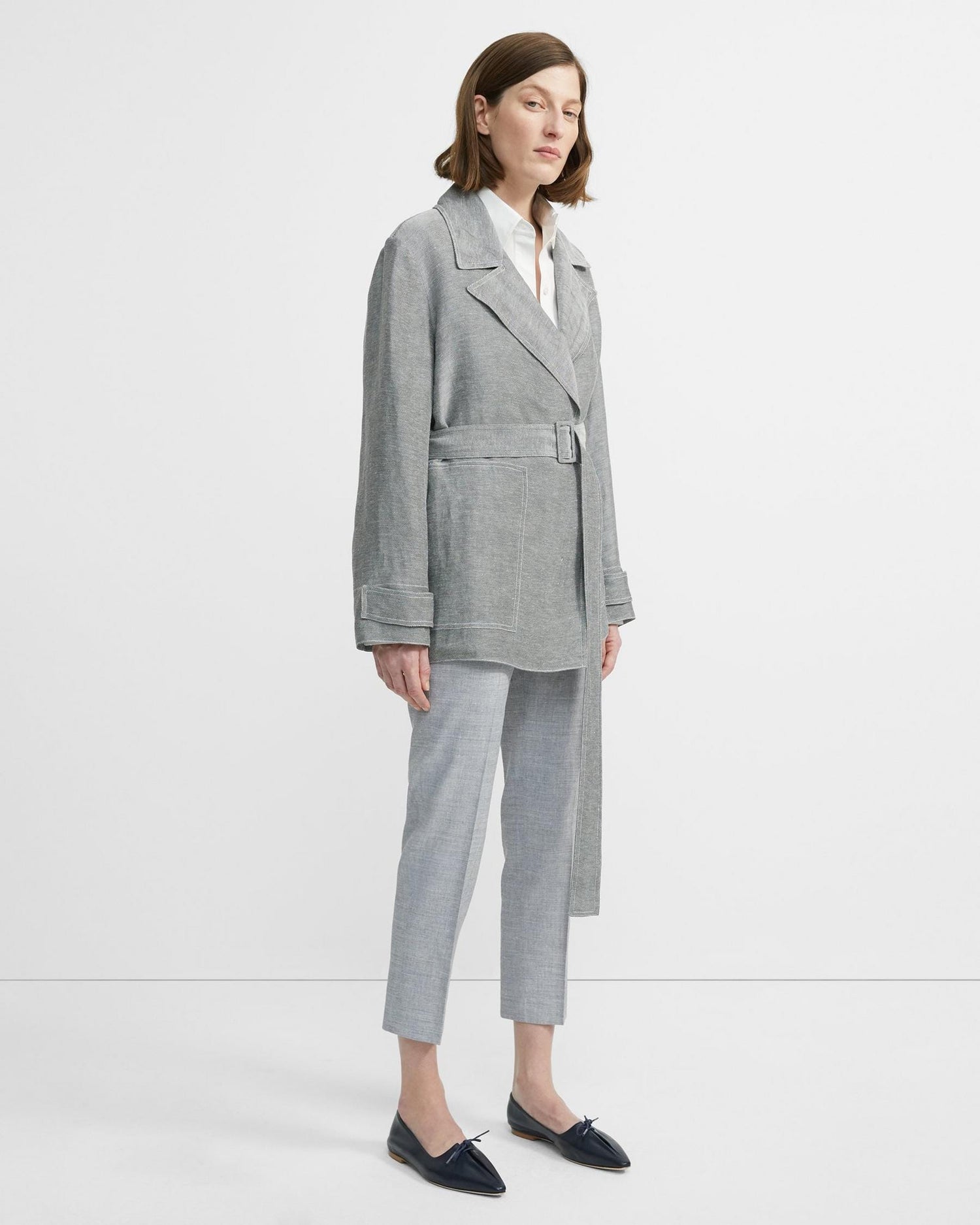 Theory Linen Twill Short Trench in Black/White