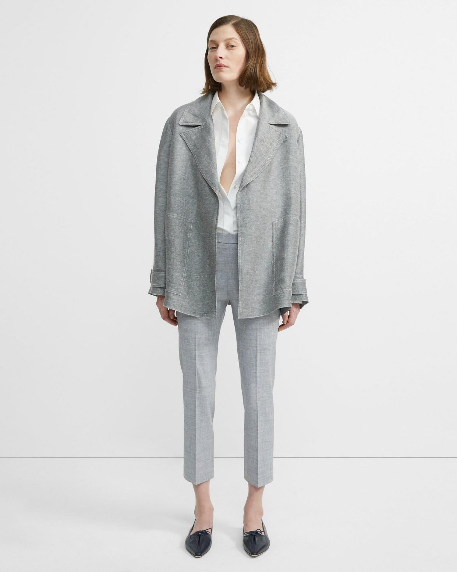 Theory Linen Twill Short Trench in Black/White
